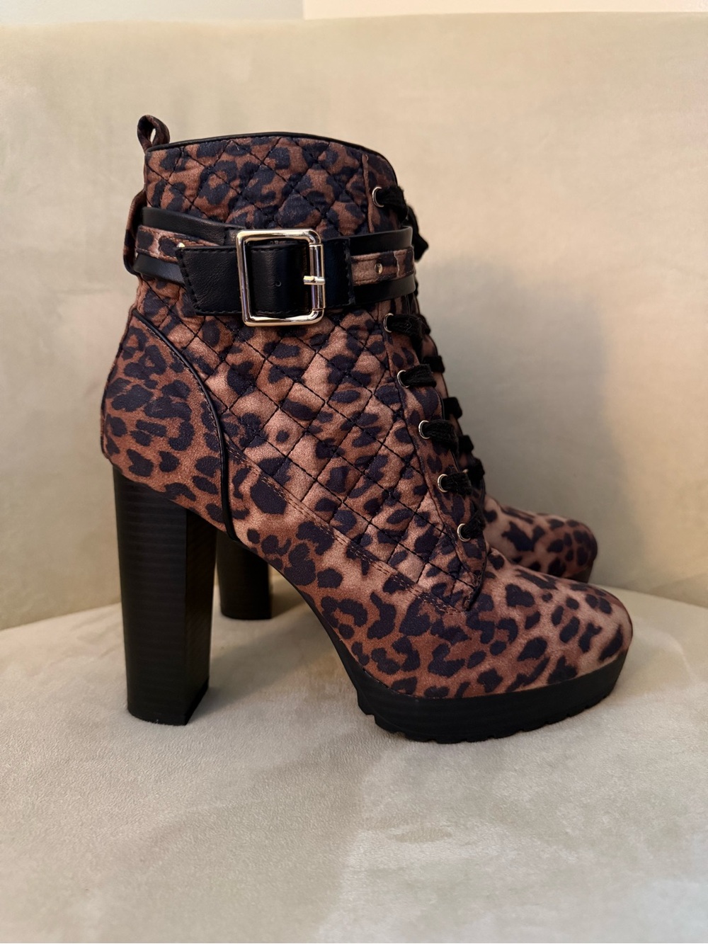JustFab Leopard Quilted Lace-Up Platform Ankle Boots - Brown & Black